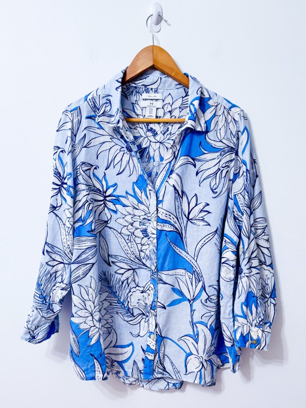 H HALSTON Blue White Floral Linen Roll Tab Sleeve Button Front Shirt Size 1X